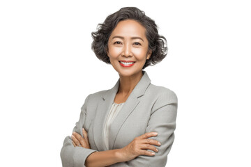PNG Confident asian mature female in professional grey attire smiling