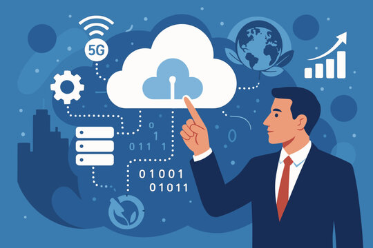 Cloud computing technology innovation, 5G wireless network, global business growth, eco-friendly automated infrastructure, businessman connecting to digital data, binary code, smart city