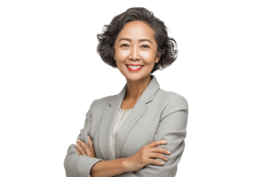 PNG Confident asian mature female in professional grey attire smiling