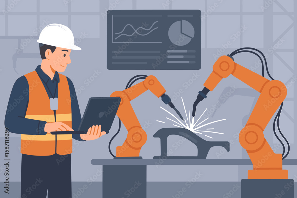 Poster engineer monitoring and controlling robotic welding arms in smart automotive factory with industrial