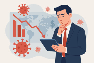 Global economic crisis concept. Businessman analyzing financial downturn on tablet. Coronavirus pandemic impact on business, market crash, recession, world economy decline, data chart illustration