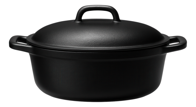 A cast iron duck roaster for a private house, featuring a heavy lid and wide handles for easy lifting.