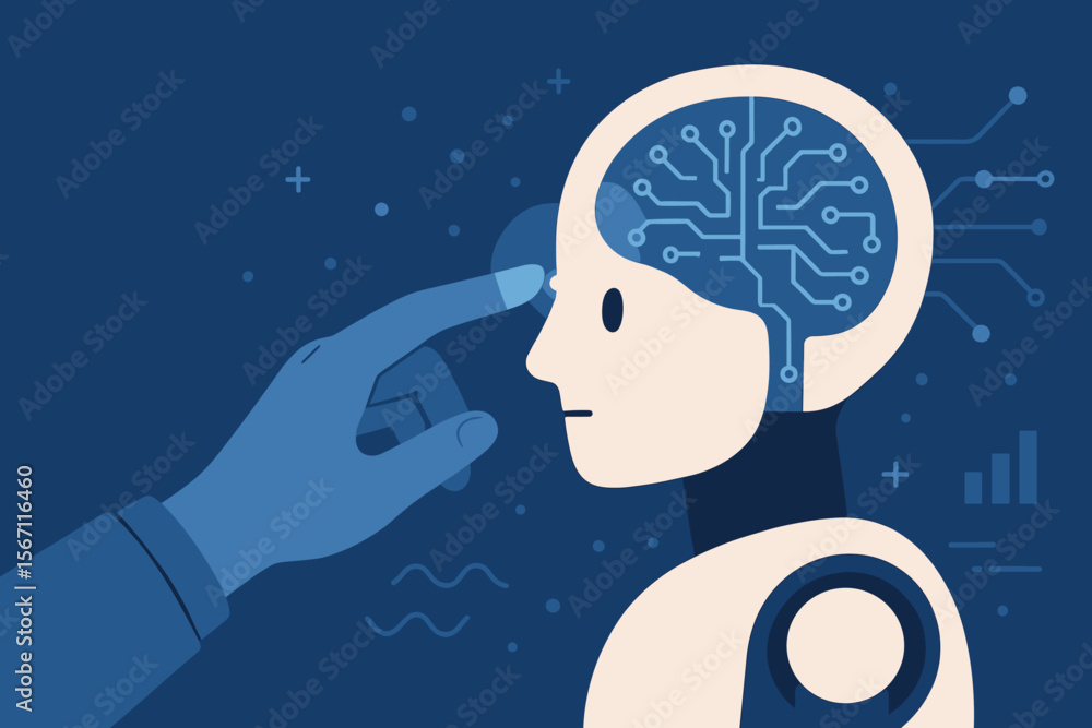 Poster artificial intelligence concept human touch activating robot brain neural network circuit technology