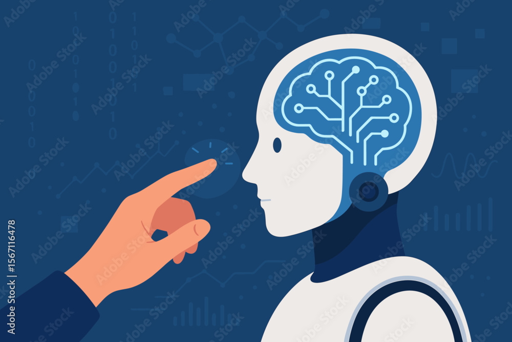 Aufkleber human touch interacting with artificial intelligence robot, digital brain circuit, futuristic techno