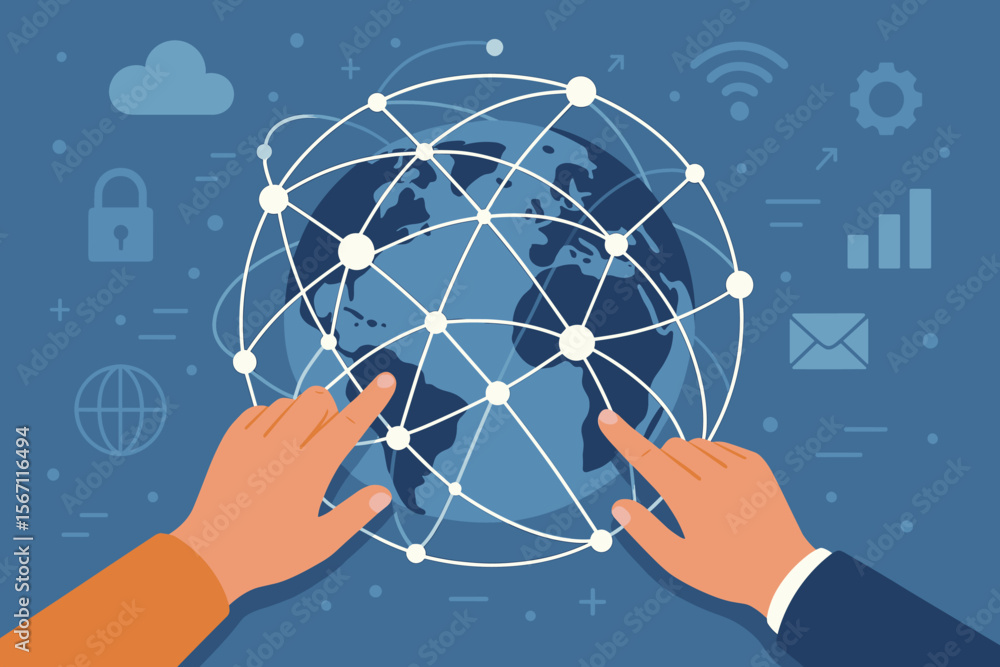 Poster global digital network connection concept. hands touching world map with data exchange, internet com