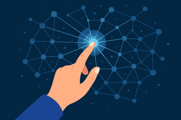Hand Touching Digital Network Interface, Futuristic Internet Connection, Innovation Technology Concept, Modern Flat Vector Illustration, Data Communication, Connectivity, Interactive System Design