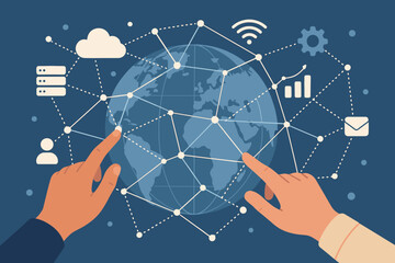 Global digital network connection concept with hands touching world map, cloud computing, data exchange, wireless technology, internet communication, modern flat vector illustration