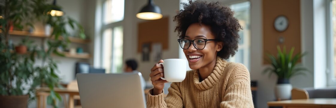 Smiling black woman freelancer having coffee break working on laptop in modern coworking space. Happy businesswoman holds cup, looks at screen. Online job, remote work, home office, startup. - Powered by Adobe