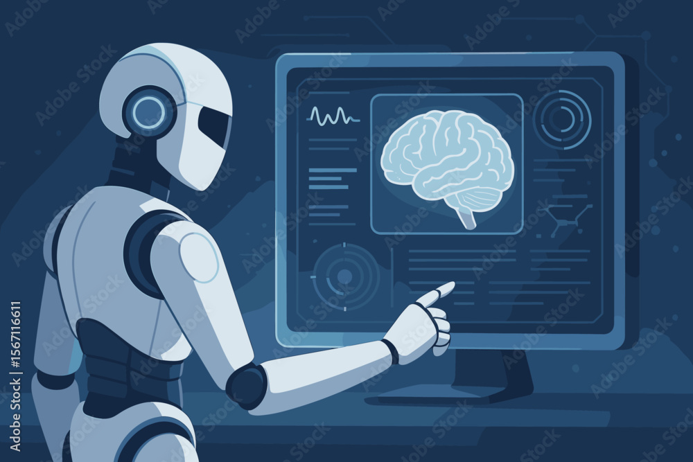 Poster futuristic robot analyzing human brain scan on digital interface, artificial intelligence, neural ne