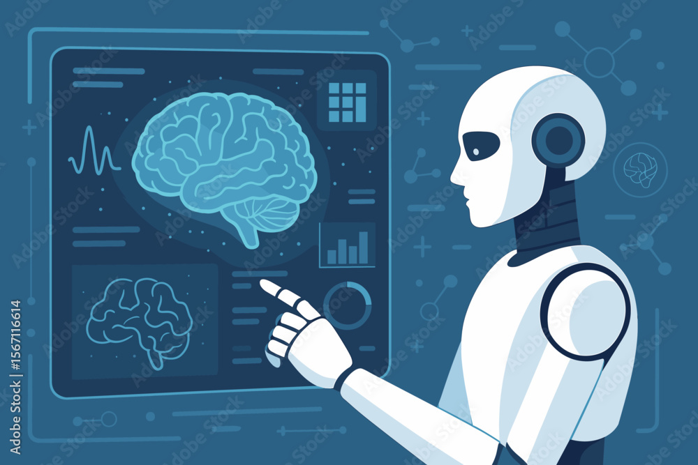 Poster futuristic robot analyzing human brain scan on digital interface. artificial intelligence, neuroscie