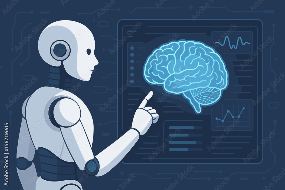 Poster futuristic robot analyzing human brain scan on digital interface. artificial intelligence, neuroscie