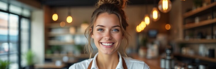 Attractive young woman smiles. Beautiful face shows confidence. Brunette hair, blue eyes in cafe interior. White shirt with apron. Warm lighting creates relaxing, pleasant mood.