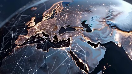 Global network visualization of Earth at night showing illuminated cities and data connections. Digital world map concept for international communication and technology - Powered by Adobe