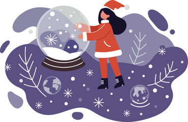 Naklejka premium Woman in Santa outfit interacting with snow globe winter holiday decoration in festive scene 