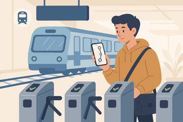Urban subway transportation concept. Passenger using smartphone for online route navigation at metro station entrance. Modern railway, subway train, ticket gates, public transit network illustration