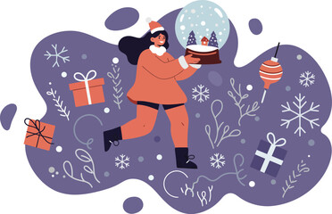 Naklejka premium Santa Claus holding a snow globe with Christmas gifts and decorations in purple background illustration 