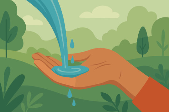 Clean water conservation in nature. Hand catching fresh water outdoors. Environmental protection, sustainability, eco-friendly lifestyle, natural resource care. Flat vector illustration landscape.