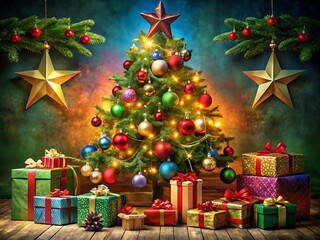 A beautifully decorated christmas tree stands surrounded by colorful gifts and twinkling lights