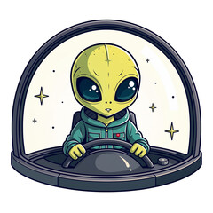Cartoon alien character driving a spaceship in a glass dome
