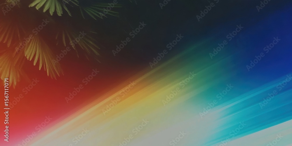 Poster abstract motion blur background with vibrant rainbow colors and subtle palm leaves. dynamic colorful