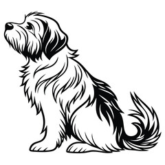 Elegant Line Art Depiction of a Seated Dog with Fluffy Fur and an Alert Expression, a Pet Portrait