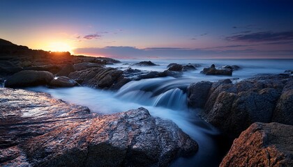 illuminated water flow rocky coast nature photography twilight environment aesthetic viewpoint