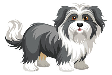 Adorable Cartoon Lhasa Apso Dog with a Playful Expression and Fluffy Gray and White Fur Standing on a White Background