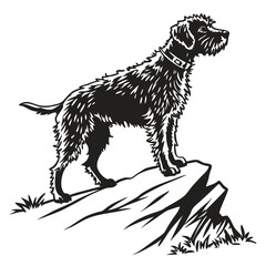 A Black and White Vector Illustration of a Dog Standing Alert on Rocks with Grass a Minimalist Design