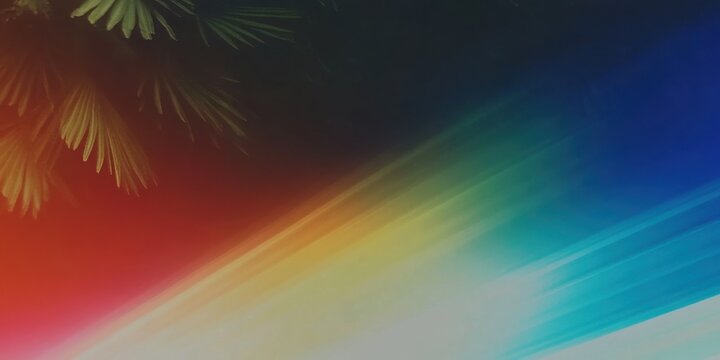 Abstract motion blur background with vibrant rainbow colors and subtle palm leaves. Dynamic colorful light streaks for artistic design.