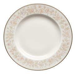 A shallow, round porcelain dinner plate with a subtle floral pattern, perfect for elegant dinner parties in a private home.
