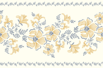 Minimal Floral pattern seamless paisley embroidery texture yellow peony rose flowers motifs. Vintage ethnic,ikat style vector illustration design hand drawn tapestry with branch leaf