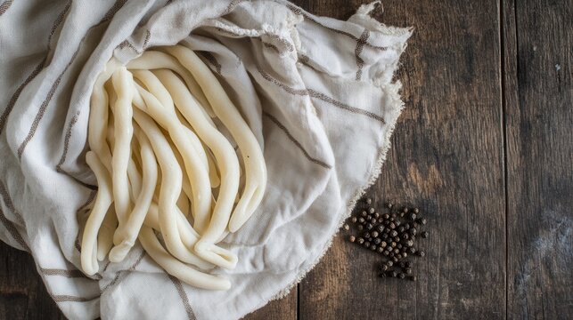 Fresh handmade pasta pici on rustic cloth with peppercorns on wooden table italian food