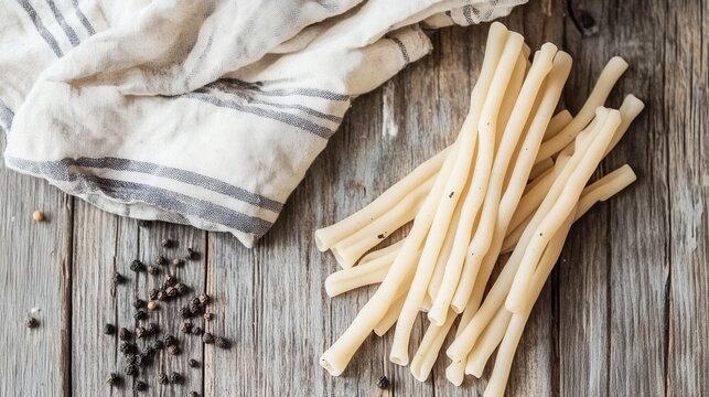 Fresh pasta pici uncooked on wooden table with pepper and linen towel food photography