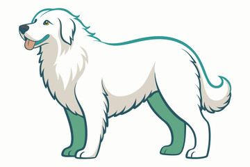 Great Pyrenees Dog Breed Illustration Gentle Giant Cartoon Character in Profile Full Body with Cream White Fur and Teal Outlines