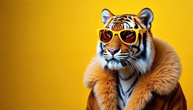 Tiger wearing yellow sunglasses brown fur collar coat, bright yellow background. Fashionable animal concept, stylish, chic, creative. Ideal for advertising, invitation, party, birthday, event design