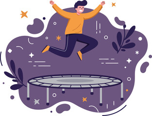 Fototapeta premium Boy jumping on trampoline with joyful expression and playful purple background design elements 