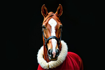 Portrait of a red horse in a red blanket on a black background. Symbol of 2026. AI generative.