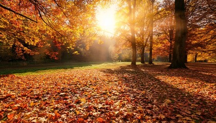 Obraz premium a beautiful autumn scene with leaves on the ground and a bright sun shining through the trees