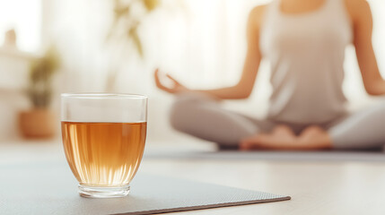 Relaxing Tea and Yoga: A harmonious scene with a refreshing glass of tea set before a serene figure in a meditative pose, promoting wellness and calm.