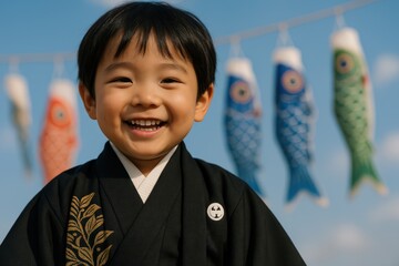 A smiling Japanese boy in a kimono stands before Koinobori carp streamers against a blue sky. Concept of: Celebrating Japanese boyhood.