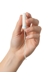 Hand holding tampon, feminine hygiene and menstruation concept, isolated on transparent background, women's health, period care