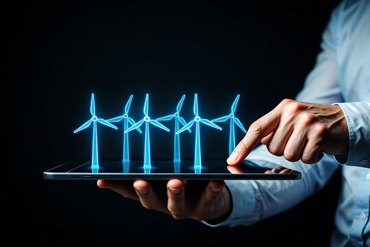Person interacting with blue glowing wind turbines on tablet technology - Powered by Adobe