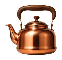 Copper stovetop kettle with a polished finish and a wooden handle, adding a vintage touch to boiling water in a cottage kitchen.