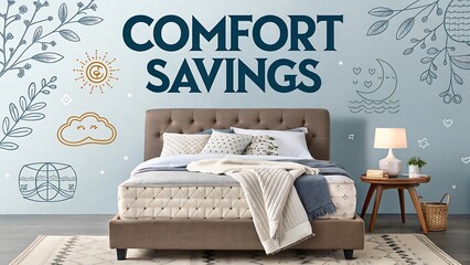 Bedding and mattress sale poster with cozy bed illustration, sleep icons, and “comfort savings” tagline

