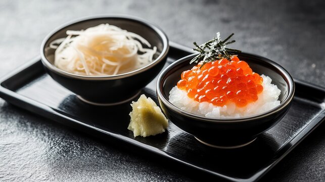 Delicious japanese food ikura don with rice and noodles on a black tray close up view