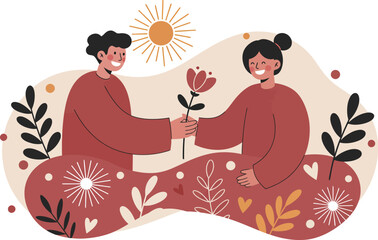 Obraz premium Couple exchanging flower gift in nature with warm autumn colors and sun shining above 
