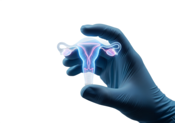 Hand holding glowing 3d model of the female reproductive system, isolated on transparent background, medical education, gynecology, anatomy study