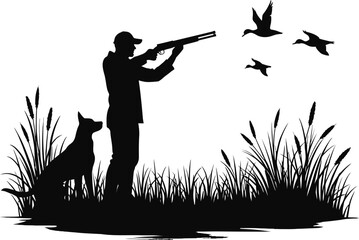 Hunter silhouette with dog and ducks in marsh grass