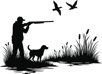 Hunter silhouette with dog and ducks in marsh silhouette