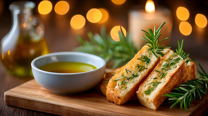 Side angle of baguette slices dipped into olive oil and herbs, blurred warm cafe ambiance